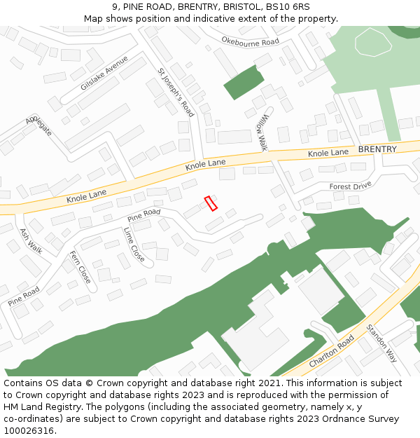 9, PINE ROAD, BRENTRY, BRISTOL, BS10 6RS: Location map and indicative extent of plot