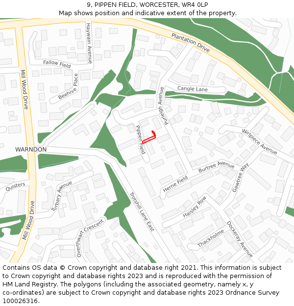 9, PIPPEN FIELD, WORCESTER, WR4 0LP: Location map and indicative extent of plot