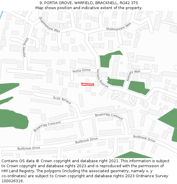 9, PORTIA GROVE, WARFIELD, BRACKNELL, RG42 3TS: Location map and indicative extent of plot