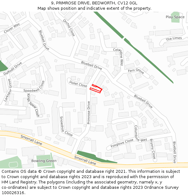 9, PRIMROSE DRIVE, BEDWORTH, CV12 0GL: Location map and indicative extent of plot