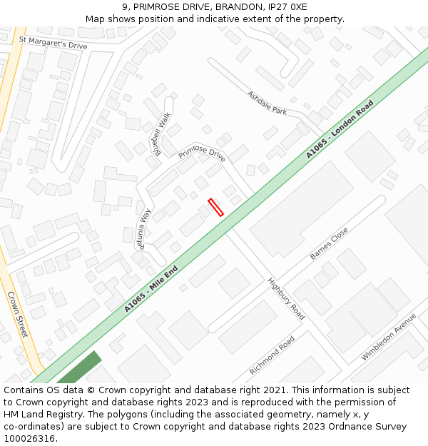 9, PRIMROSE DRIVE, BRANDON, IP27 0XE: Location map and indicative extent of plot