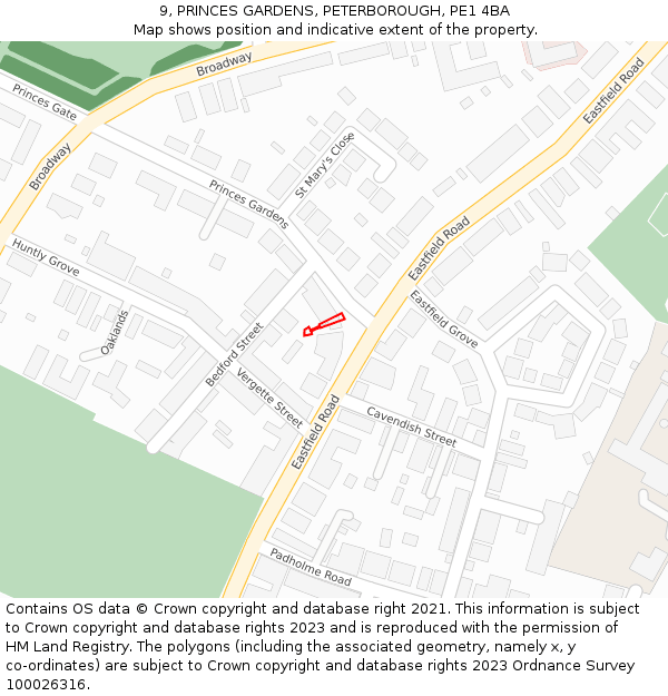 9, PRINCES GARDENS, PETERBOROUGH, PE1 4BA: Location map and indicative extent of plot