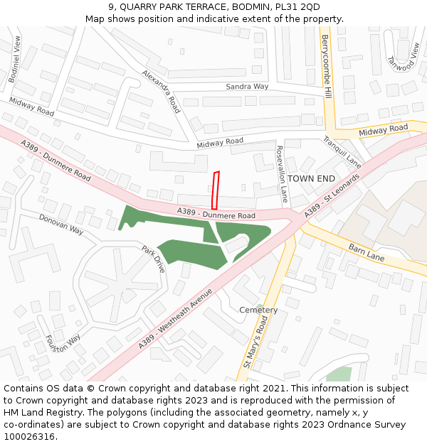 9, QUARRY PARK TERRACE, BODMIN, PL31 2QD: Location map and indicative extent of plot