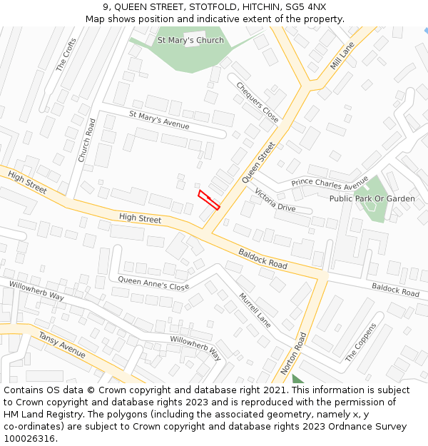 9, QUEEN STREET, STOTFOLD, HITCHIN, SG5 4NX: Location map and indicative extent of plot