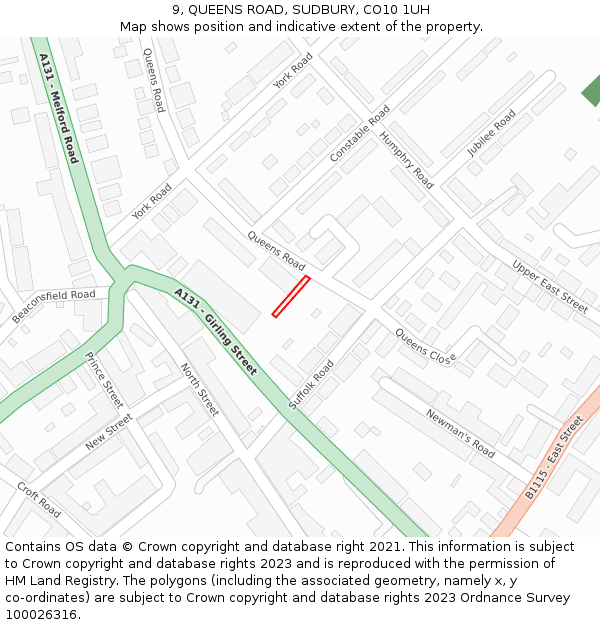 9, QUEENS ROAD, SUDBURY, CO10 1UH: Location map and indicative extent of plot