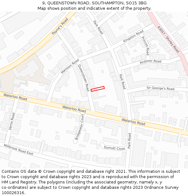 9, QUEENSTOWN ROAD, SOUTHAMPTON, SO15 3BG: Location map and indicative extent of plot