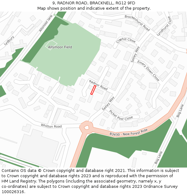 9, RADNOR ROAD, BRACKNELL, RG12 9FD: Location map and indicative extent of plot