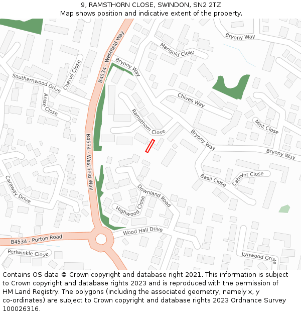 9, RAMSTHORN CLOSE, SWINDON, SN2 2TZ: Location map and indicative extent of plot