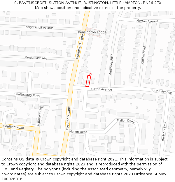 9, RAVENSCROFT, SUTTON AVENUE, RUSTINGTON, LITTLEHAMPTON, BN16 2EX: Location map and indicative extent of plot