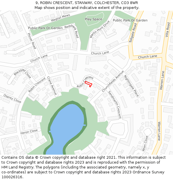 9, ROBIN CRESCENT, STANWAY, COLCHESTER, CO3 8WR: Location map and indicative extent of plot