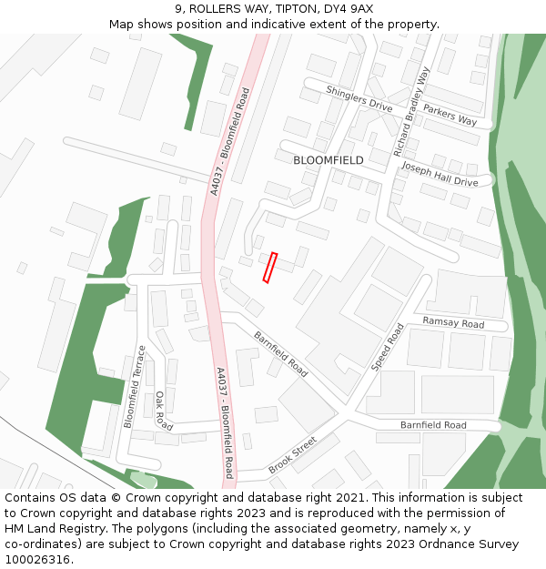 9, ROLLERS WAY, TIPTON, DY4 9AX: Location map and indicative extent of plot
