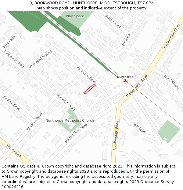 9, ROOKWOOD ROAD, NUNTHORPE, MIDDLESBROUGH, TS7 0BN: Location map and indicative extent of plot