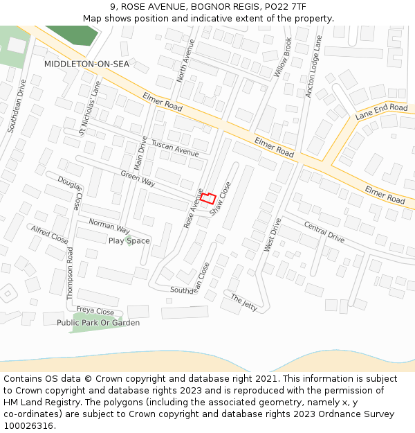 9, ROSE AVENUE, BOGNOR REGIS, PO22 7TF: Location map and indicative extent of plot