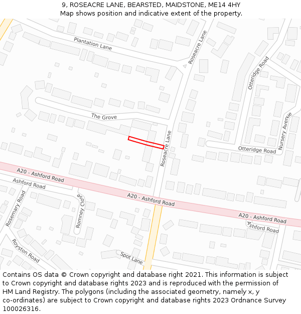 9, ROSEACRE LANE, BEARSTED, MAIDSTONE, ME14 4HY: Location map and indicative extent of plot