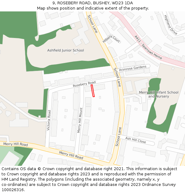 9, ROSEBERY ROAD, BUSHEY, WD23 1DA: Location map and indicative extent of plot