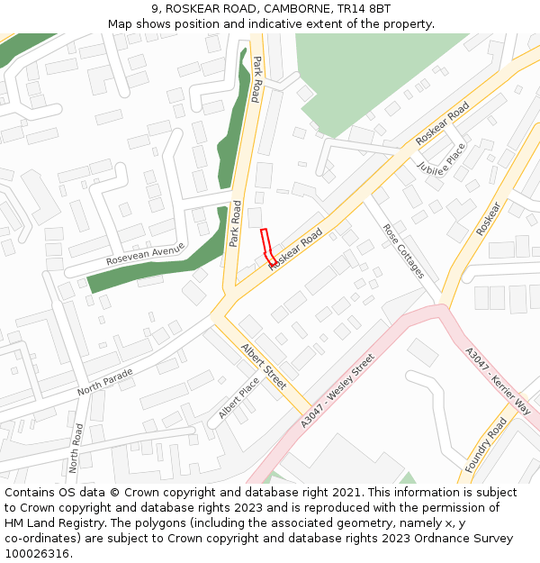 9, ROSKEAR ROAD, CAMBORNE, TR14 8BT: Location map and indicative extent of plot