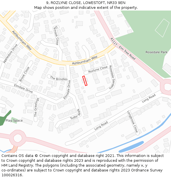 9, ROZLYNE CLOSE, LOWESTOFT, NR33 9EN: Location map and indicative extent of plot
