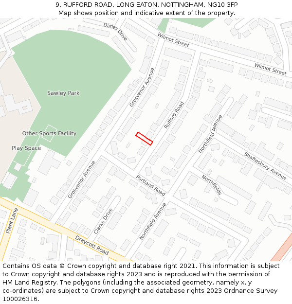 9, RUFFORD ROAD, LONG EATON, NOTTINGHAM, NG10 3FP: Location map and indicative extent of plot