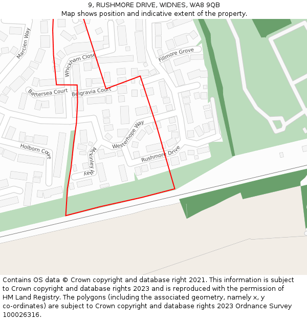 9, RUSHMORE DRIVE, WIDNES, WA8 9QB: Location map and indicative extent of plot