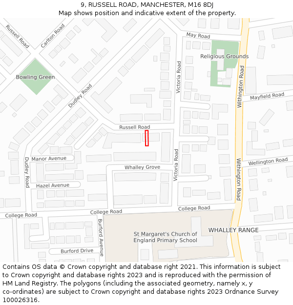 9, RUSSELL ROAD, MANCHESTER, M16 8DJ: Location map and indicative extent of plot