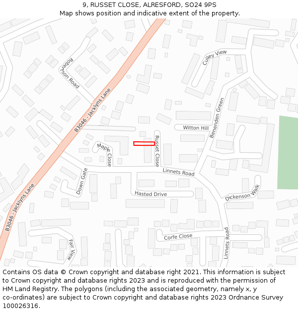9, RUSSET CLOSE, ALRESFORD, SO24 9PS: Location map and indicative extent of plot