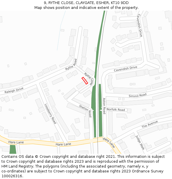 9, RYTHE CLOSE, CLAYGATE, ESHER, KT10 9DD: Location map and indicative extent of plot