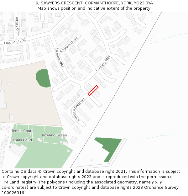9, SAWYERS CRESCENT, COPMANTHORPE, YORK, YO23 3YA: Location map and indicative extent of plot