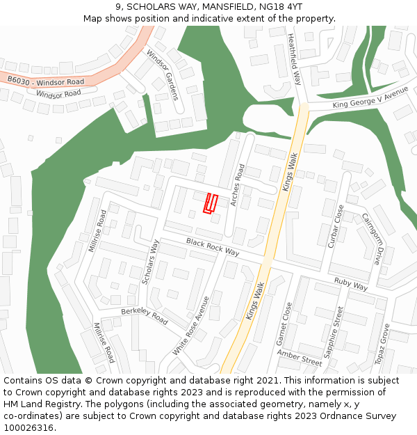 9, SCHOLARS WAY, MANSFIELD, NG18 4YT: Location map and indicative extent of plot