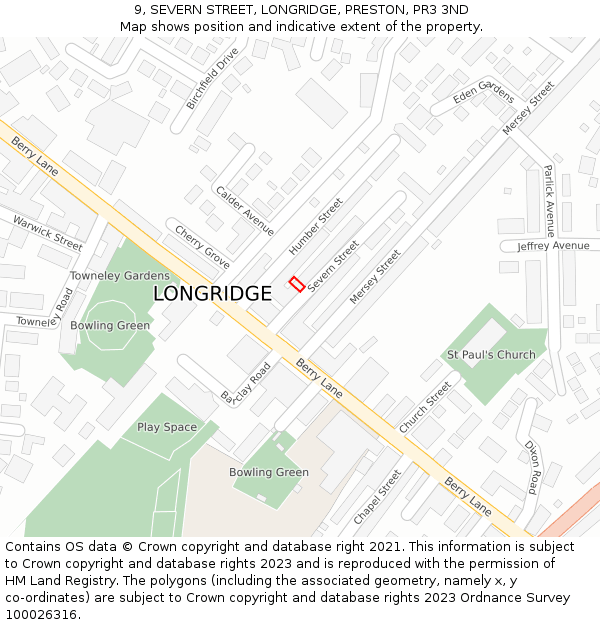 9, SEVERN STREET, LONGRIDGE, PRESTON, PR3 3ND: Location map and indicative extent of plot