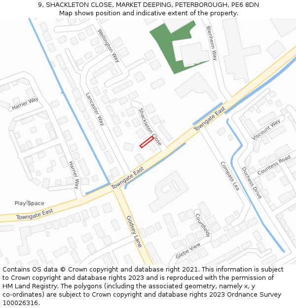 9, SHACKLETON CLOSE, MARKET DEEPING, PETERBOROUGH, PE6 8DN: Location map and indicative extent of plot