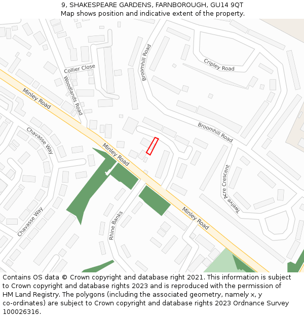 9, SHAKESPEARE GARDENS, FARNBOROUGH, GU14 9QT: Location map and indicative extent of plot
