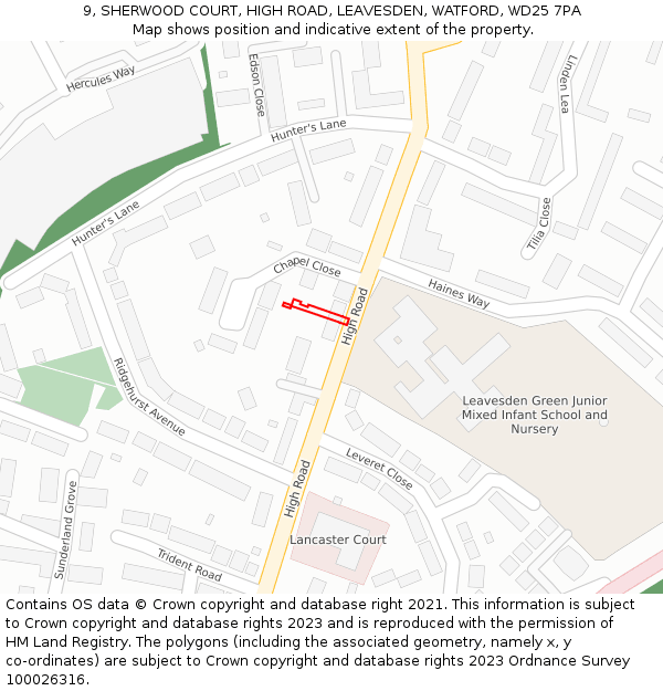 9, SHERWOOD COURT, HIGH ROAD, LEAVESDEN, WATFORD, WD25 7PA: Location map and indicative extent of plot