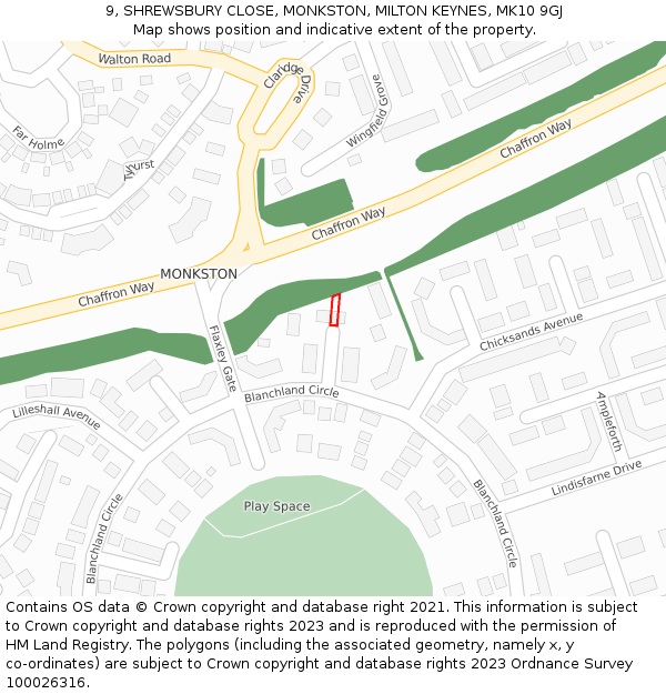 9, SHREWSBURY CLOSE, MONKSTON, MILTON KEYNES, MK10 9GJ: Location map and indicative extent of plot