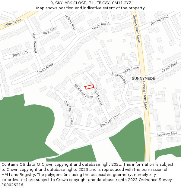9, SKYLARK CLOSE, BILLERICAY, CM11 2YZ: Location map and indicative extent of plot
