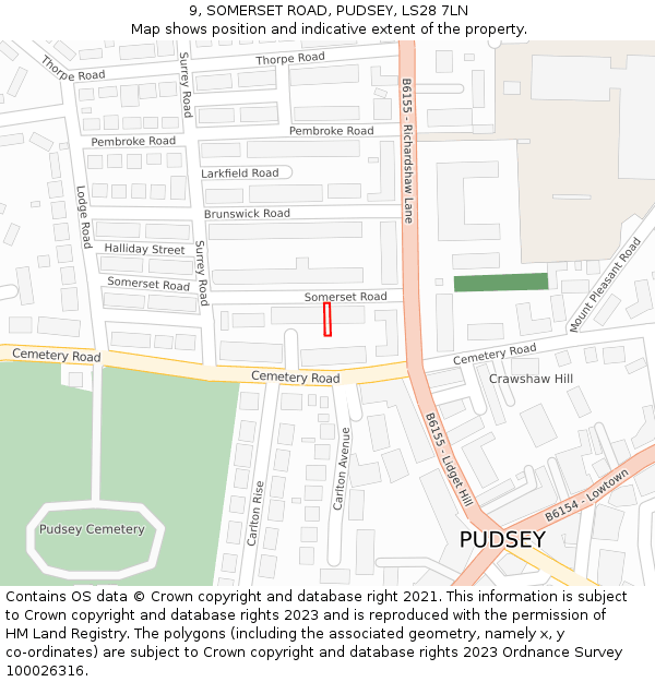 9, SOMERSET ROAD, PUDSEY, LS28 7LN: Location map and indicative extent of plot