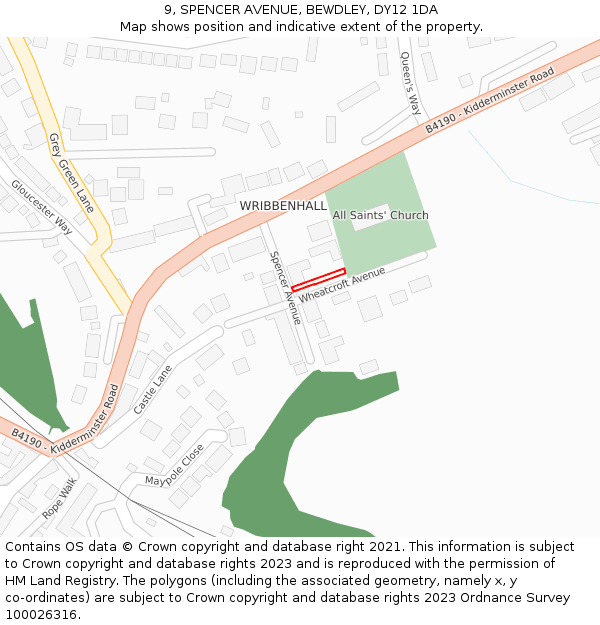 9, SPENCER AVENUE, BEWDLEY, DY12 1DA: Location map and indicative extent of plot
