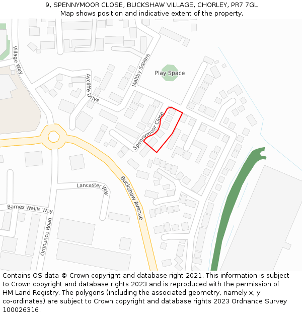 9, SPENNYMOOR CLOSE, BUCKSHAW VILLAGE, CHORLEY, PR7 7GL: Location map and indicative extent of plot