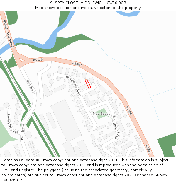 9, SPEY CLOSE, MIDDLEWICH, CW10 9QR: Location map and indicative extent of plot