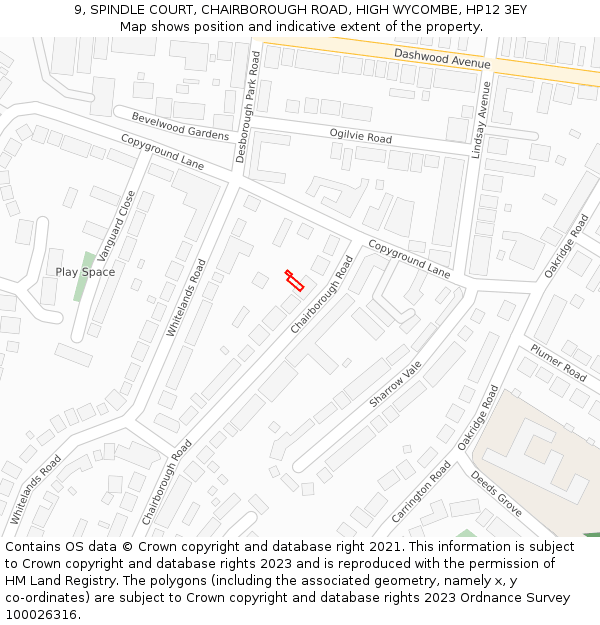 9, SPINDLE COURT, CHAIRBOROUGH ROAD, HIGH WYCOMBE, HP12 3EY: Location map and indicative extent of plot