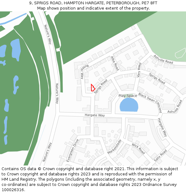 9, SPRIGS ROAD, HAMPTON HARGATE, PETERBOROUGH, PE7 8FT: Location map and indicative extent of plot