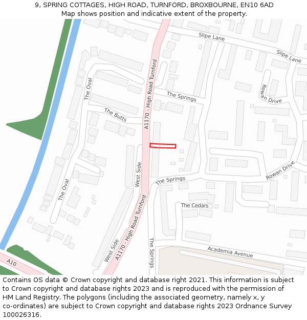 9, SPRING COTTAGES, HIGH ROAD, TURNFORD, BROXBOURNE, EN10 6AD: Location map and indicative extent of plot