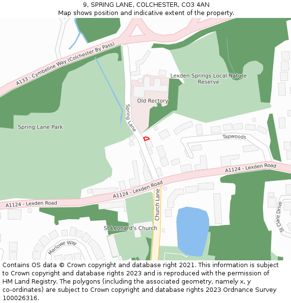 9, SPRING LANE, COLCHESTER, CO3 4AN: Location map and indicative extent of plot