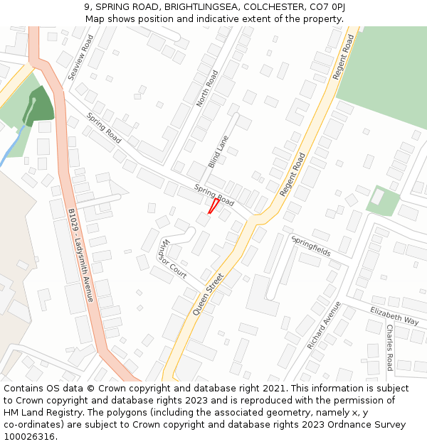 9, SPRING ROAD, BRIGHTLINGSEA, COLCHESTER, CO7 0PJ: Location map and indicative extent of plot