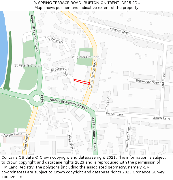 9, SPRING TERRACE ROAD, BURTON-ON-TRENT, DE15 9DU: Location map and indicative extent of plot