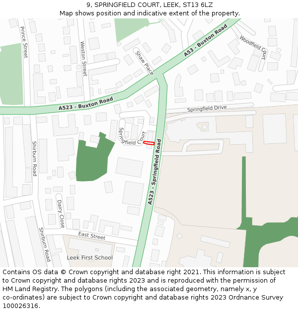 9, SPRINGFIELD COURT, LEEK, ST13 6LZ: Location map and indicative extent of plot
