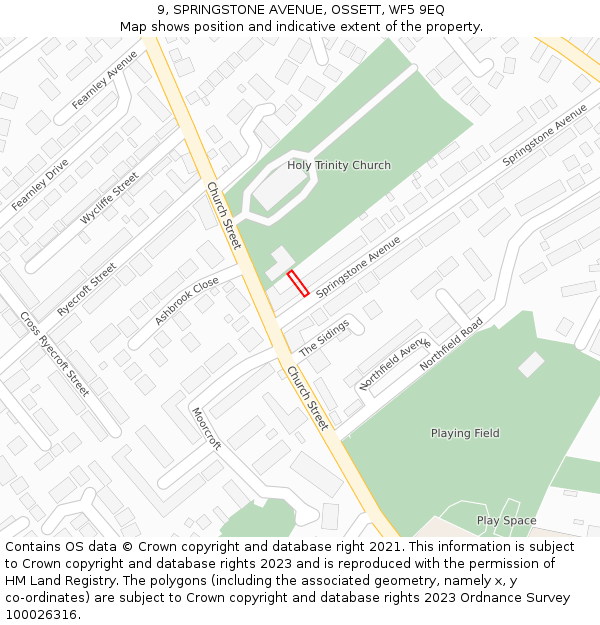 9, SPRINGSTONE AVENUE, OSSETT, WF5 9EQ: Location map and indicative extent of plot