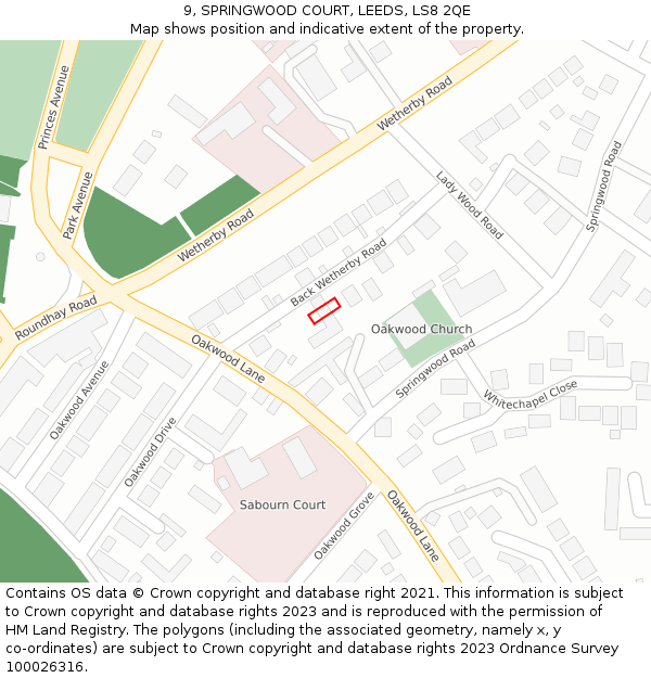 9, SPRINGWOOD COURT, LEEDS, LS8 2QE: Location map and indicative extent of plot