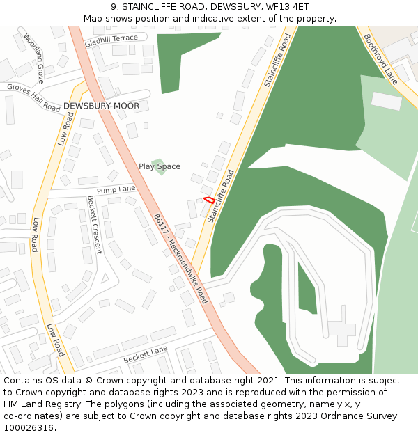 9, STAINCLIFFE ROAD, DEWSBURY, WF13 4ET: Location map and indicative extent of plot