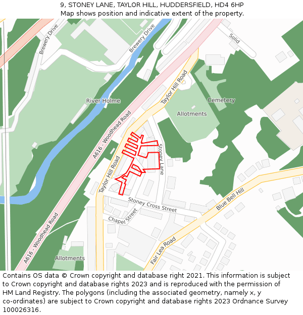 9, STONEY LANE, TAYLOR HILL, HUDDERSFIELD, HD4 6HP: Location map and indicative extent of plot