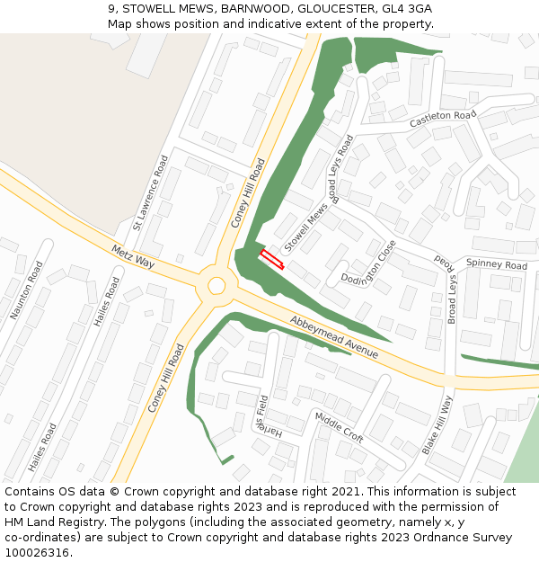 9, STOWELL MEWS, BARNWOOD, GLOUCESTER, GL4 3GA: Location map and indicative extent of plot